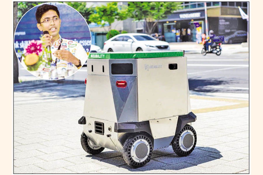 The food-delivery robot devised by Neubility; Labib (inset), a co-founder of the South Korea-based company