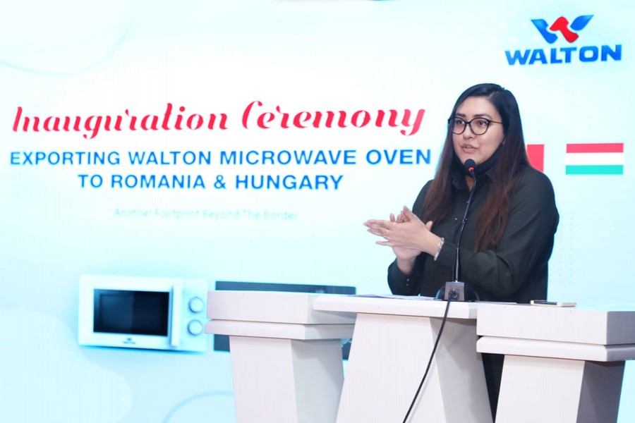 Tahmina Afrose, director of Walton Hi-Tech Industries, announces the inauguration of microwave oven export to Romania and Hungary at a programme held at Walton Corporate Office in the capital on Monday