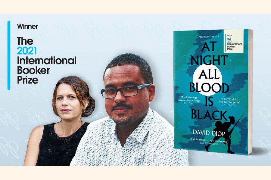 Translator Anna Moschovakis (L) with Booker Prize 2021 winner David Diop (R) and the book cover of "At Night All Blood is Black"