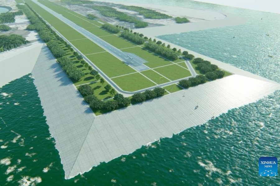 The graphic design of the extension of a maritime airport runway to be built by a joint venture of the China Civil Engineering Construction Corporation and Changjiang Yichang Waterway Engineering Bureau in Cox's Bazar, Bangladesh, August 29, 2021. /Xinhua