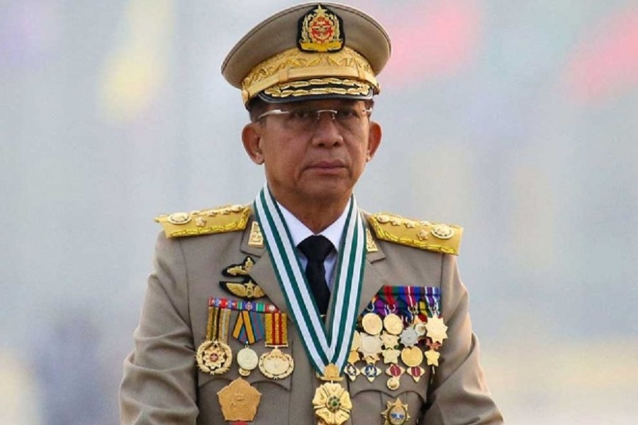 Myanmar's junta chief Senior General Min Aung Hlaing, presides over an army parade on Armed Forces Day in Naypyitaw, Myanmar, Mar 27, 2021. REUTERS/Stringer/File