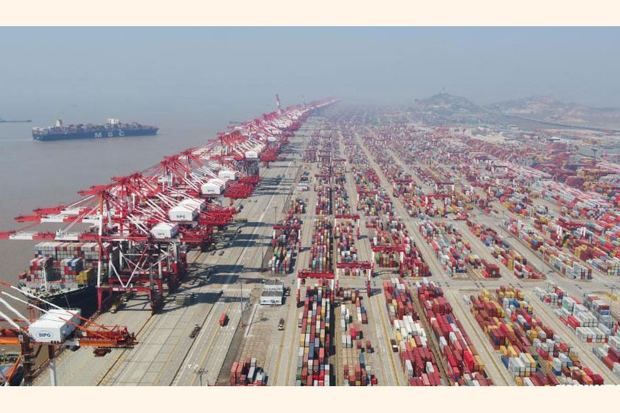Aerial photo taken on March 18, 2020 shows the container dock of Shanghai's Yangshan Port, east China. —Xinhua Photo