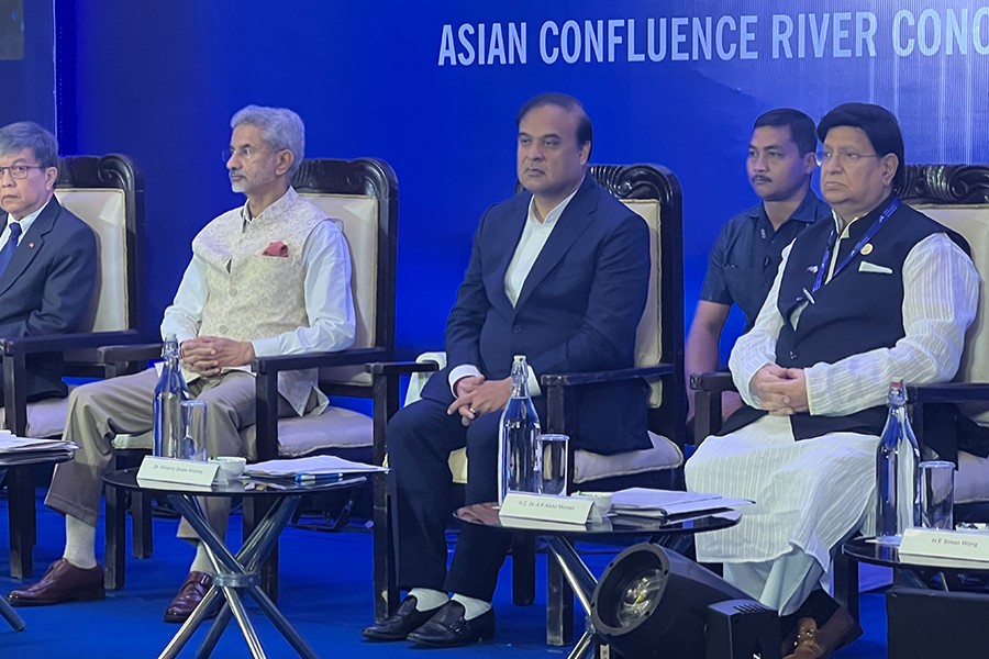 Bangladesh's Foreign Minister Dr AK Abdul Momen (far right) and Indian Foreign Minister S Jaishangkar (second from left) are seen during Asian Confluence River Conclave, being held in India's Guwahati on Saturday