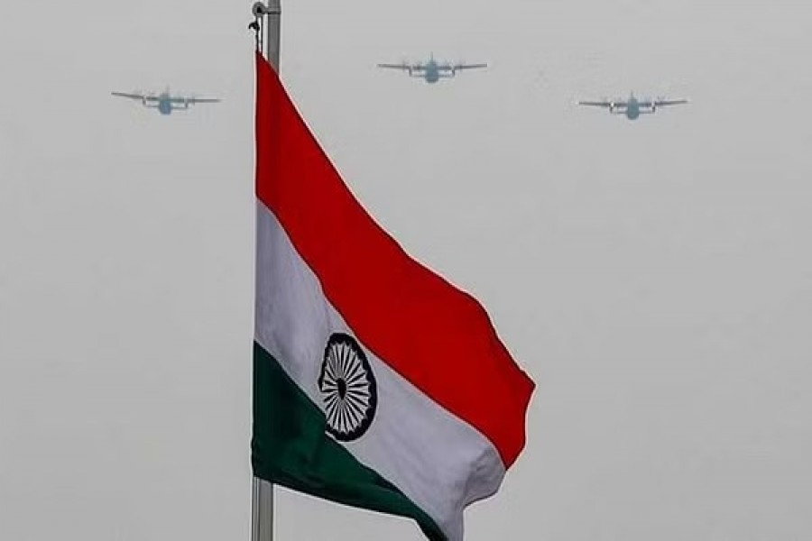 Indian Air Force aircrafts fly over Rajpath to show solidarity with frontline warriors fighting against the coronavirus disease (COVID-19) in New Delhi, India, May 3, 2020. Adnan Abidi/Reuters
