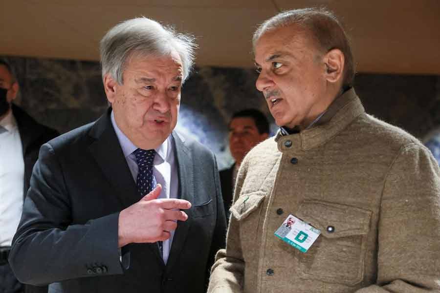 Pakistan's Prime Minister Shehbaz Sharif and United Nations Secretary General Antonio Guterres meeting on the day of a summit on climate resilience in Pakistan, months after deadly floods in the country, at the United Nations in Geneva on Monday -Reuters photo