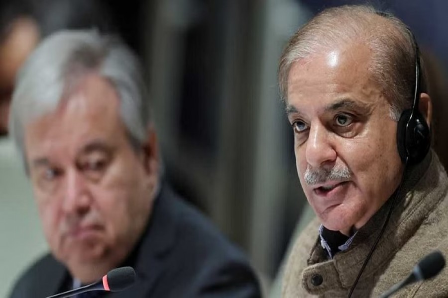 Pakistan's Prime Minister Shehbaz Sharif and United Nations Secretary General Antonio Guterres attend a summit on climate resilience in Pakistan, months after deadly floods in the country, at the United Nations, in Geneva, Switzerland, Jan 9, 2023. REUTERS